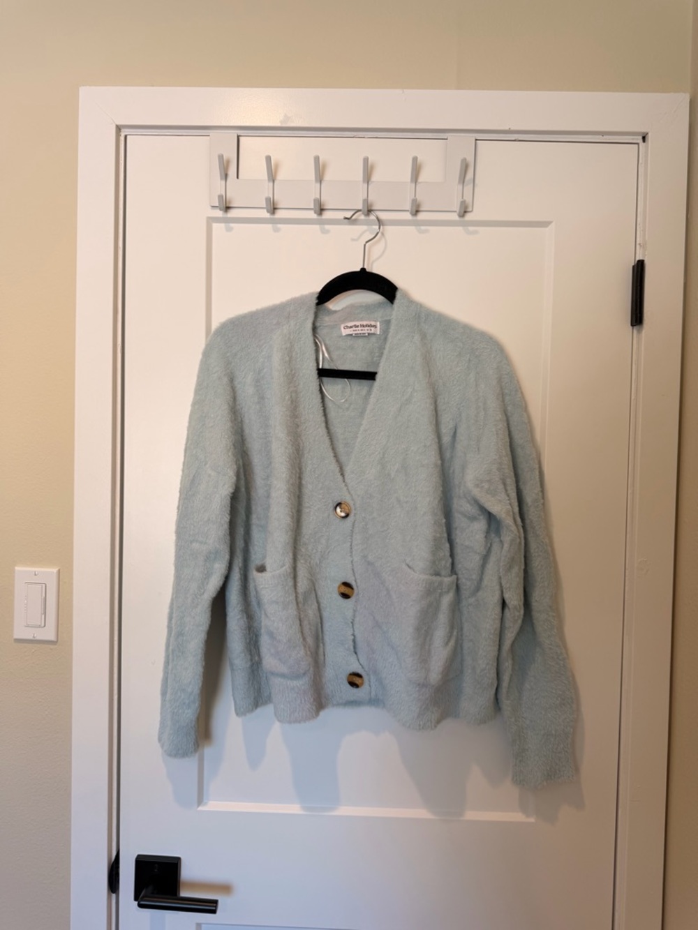 Charlie Holiday Light Blue Button-Front Fuzzy Cardigan